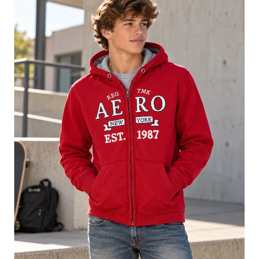 Aeropostale Red White Full Zip Hoodie Logo Sweatshirt Mens XXL Casual circa 2013